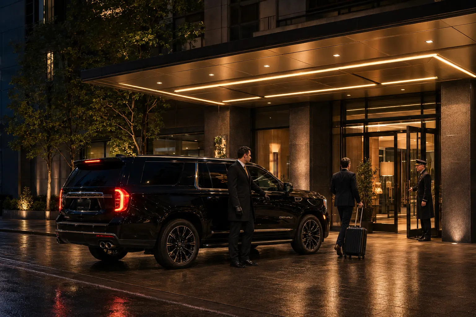 Black luxury SUV welcoming a guest at a Toronto luxury hotel