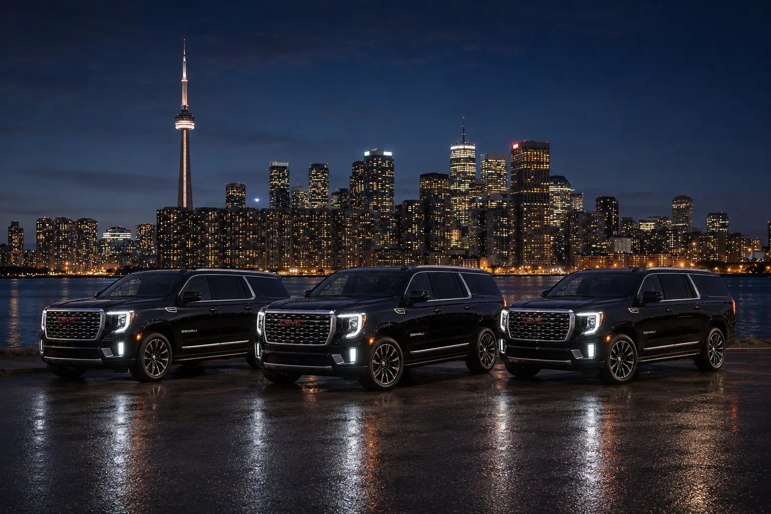 Premium black full-size SUV fleet overlooking the Toronto skyline