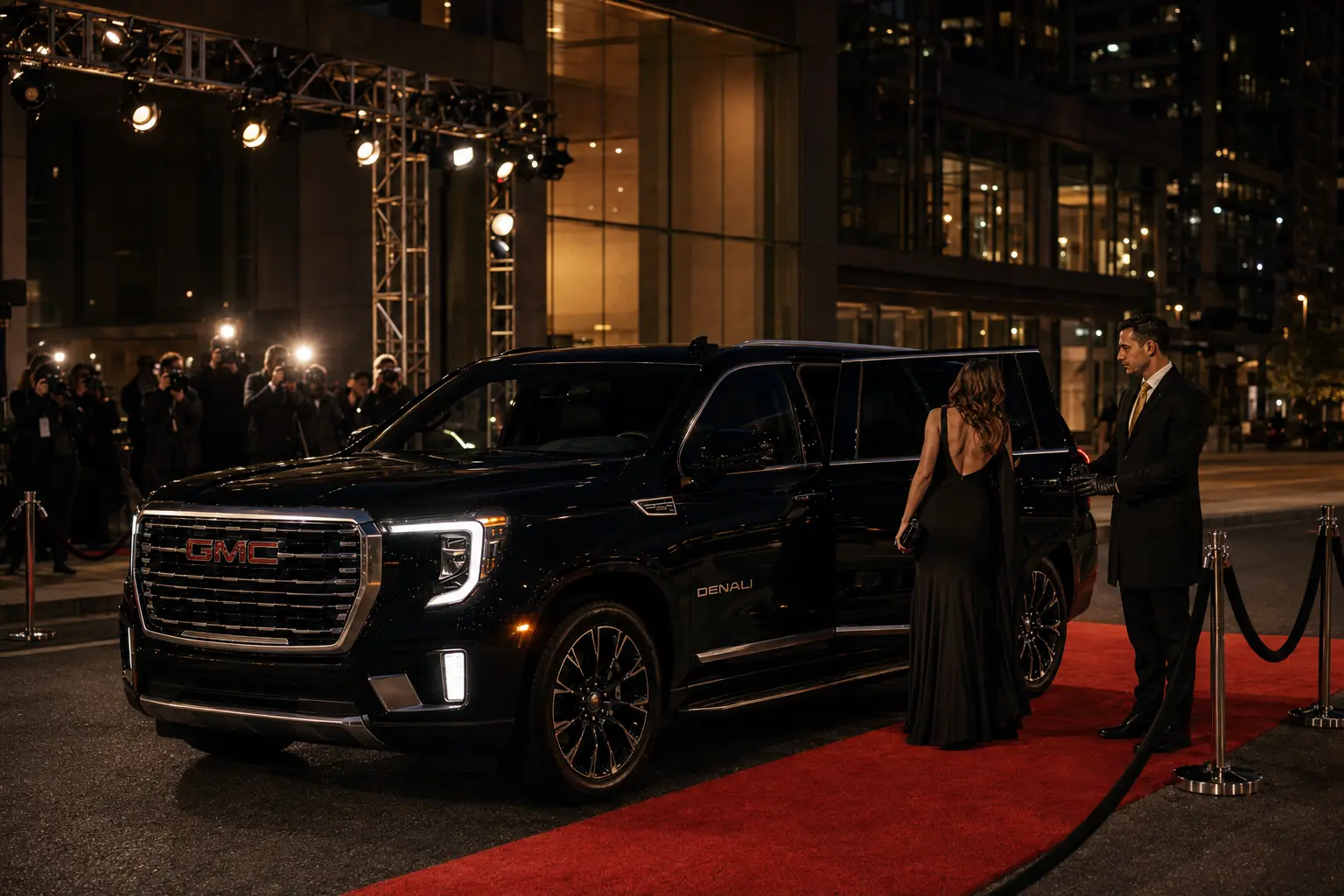 Black GMC Yukon XL arriving at a Toronto film event